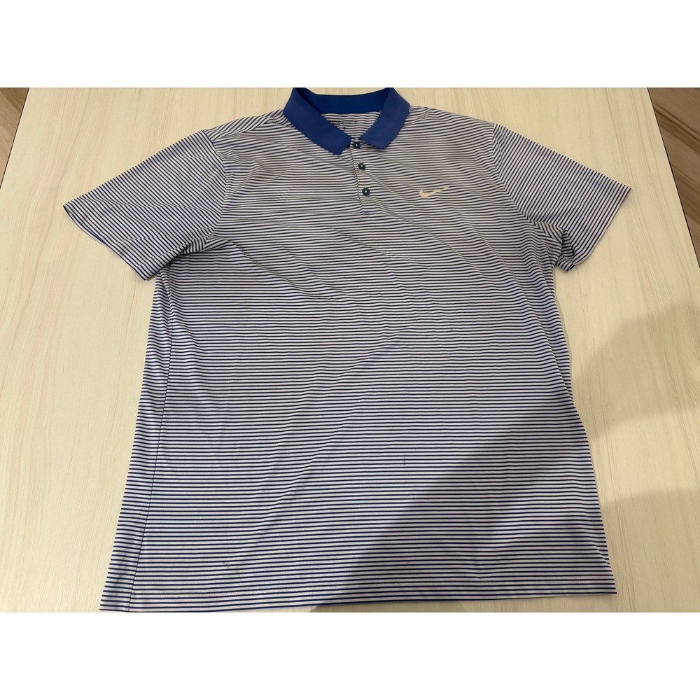 Nike Golf Dri-FIT Men's XL Blue White Striped Performance Polo Shirt Swoosh